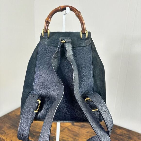 Gucci Bamboo Vintage Suede Backpack Navy Blue - Picture 2 of 16